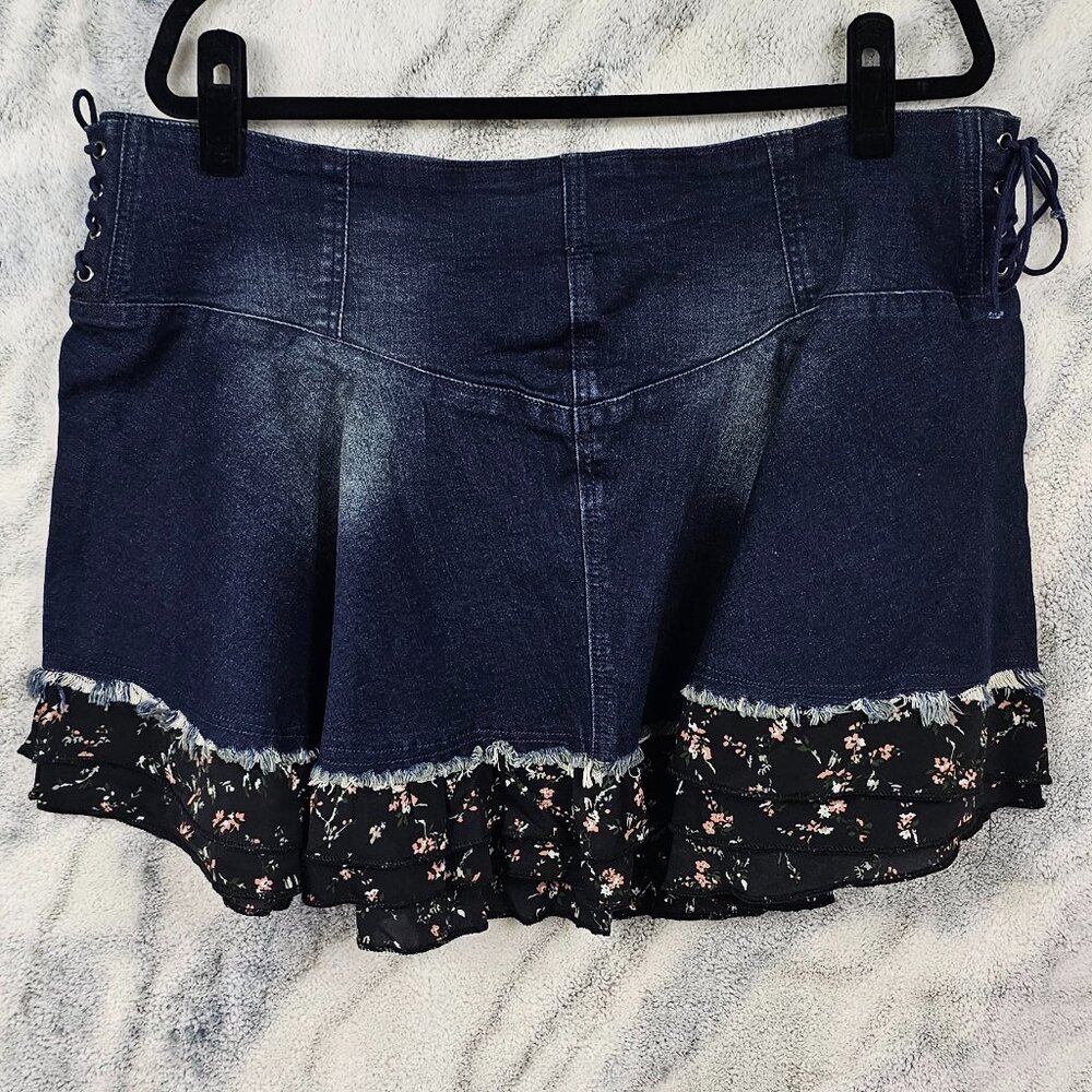 Dolls Kill Current Mood 1X Stretchy Dark Denim Floral Chiffon Lace Up Mini Skirt
